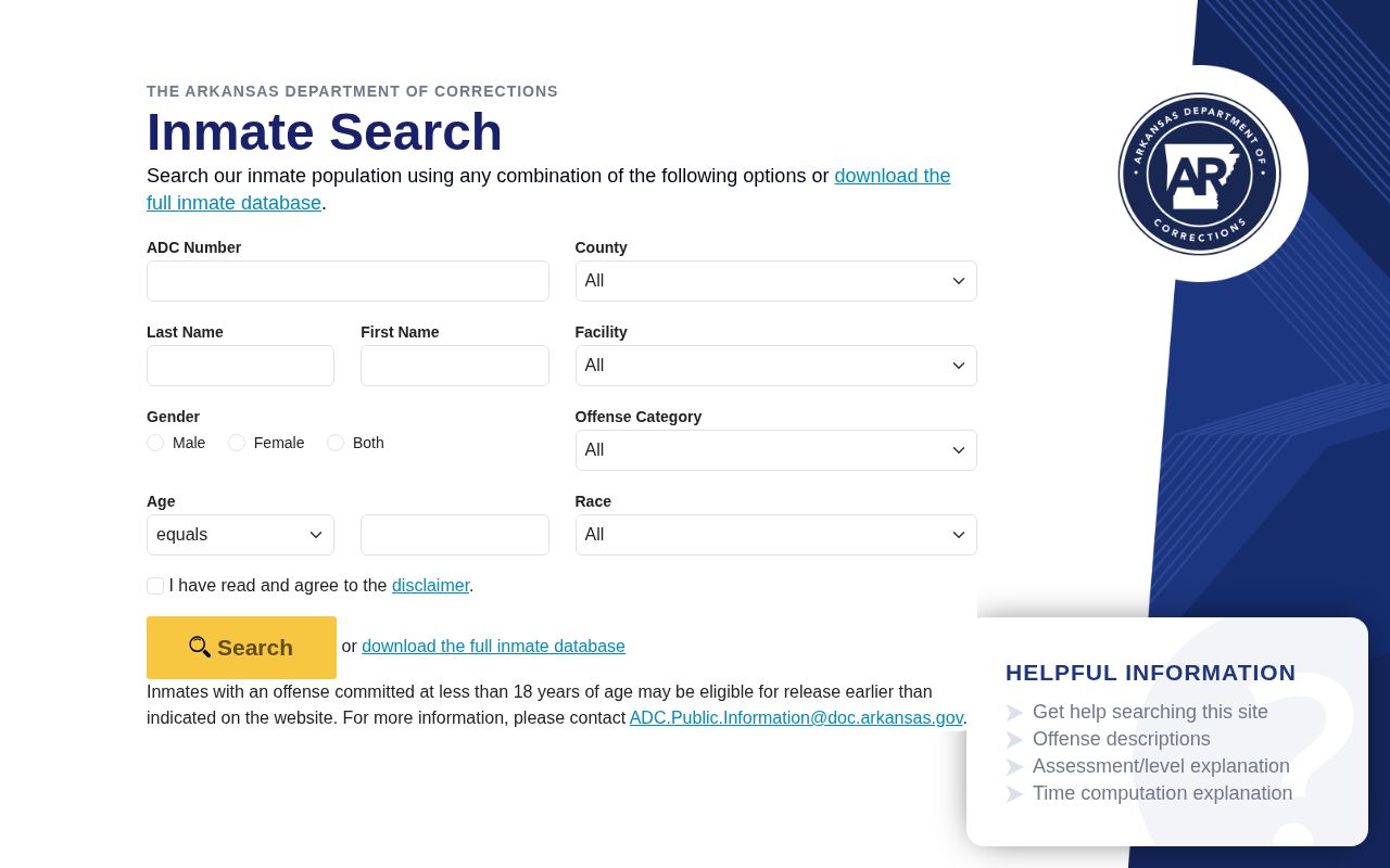 Arkansas DOC official inmate search form
