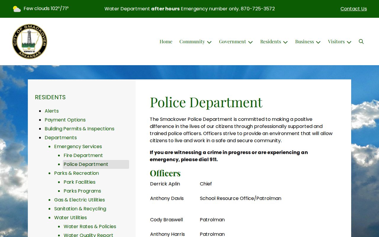 Official Smackover Police Department webpage with department contacts