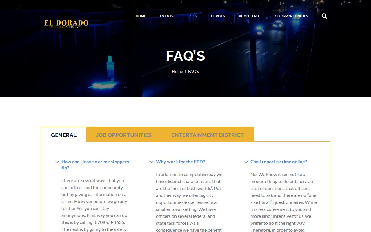 El Dorado Police Department FAQ with records and contact details